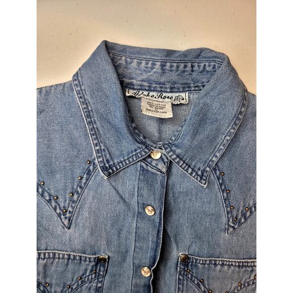 Adobe Rose Denim Western Sleeveless Horse Pearl Snaps Shirt Cowgirl Chic Studs - Picture 8 of 11